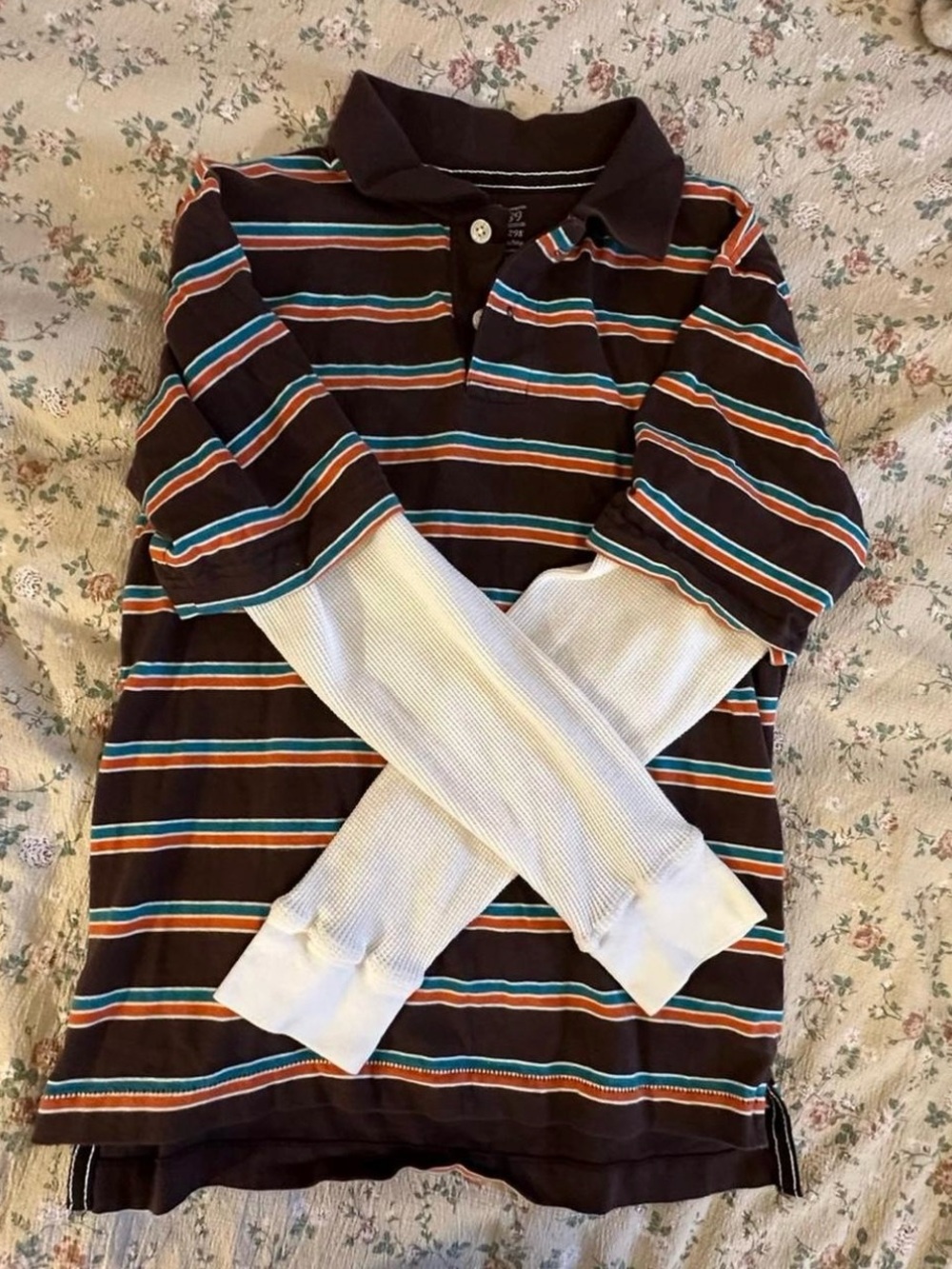 Place Brown Striped Polo with Blue, Orange and White Accents